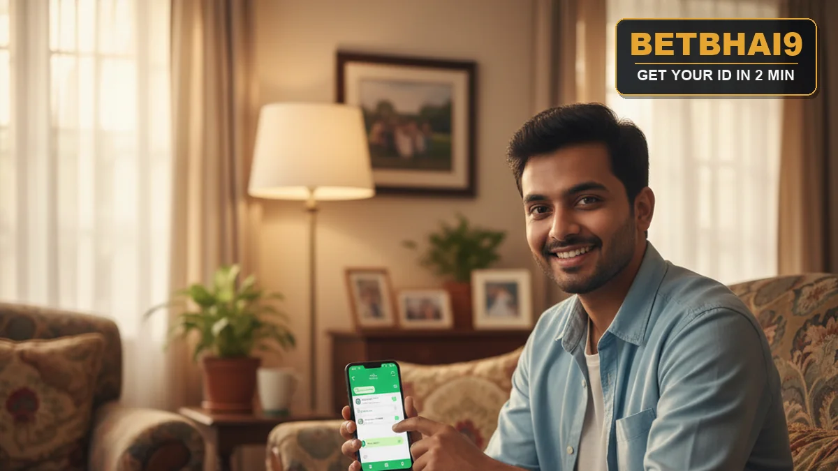 A young Indian man smiling while creating a Betbhai9 ID on WhatsApp on his phone