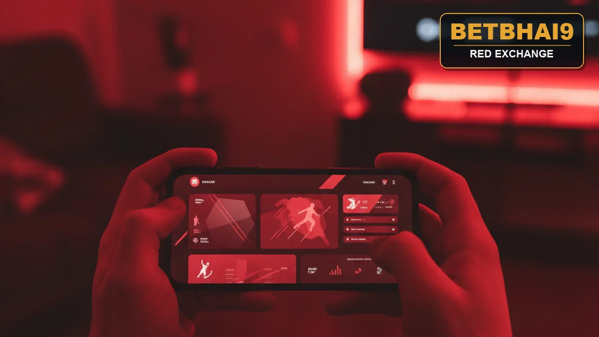 A person using the Betbhai9 Red themed exchange dashboard with red back and lay odds on a phone