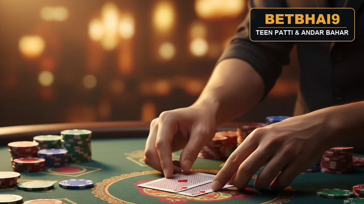 A live dealer dealing cards at a Teen Patti table with casino chips and players' hands visible